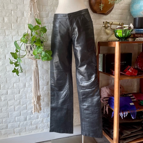 Vintage Pants - Vintage 1990s Y2K Earl Jeans Black 100% Leather Pants Mid-Rise Straight Leg